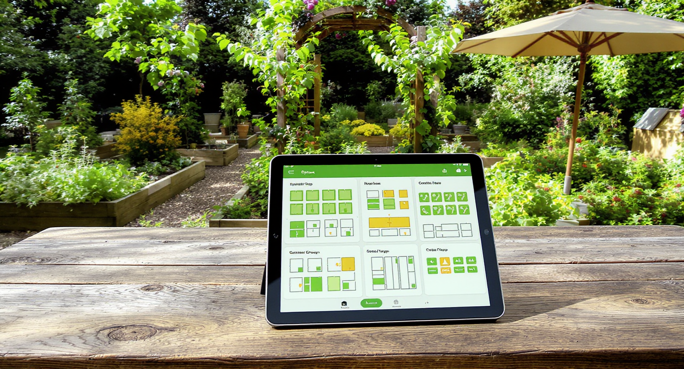A gardener stands by a vegetable garden, using a tablet with a digital planning app to visualize raised beds, shade structures, and seating.