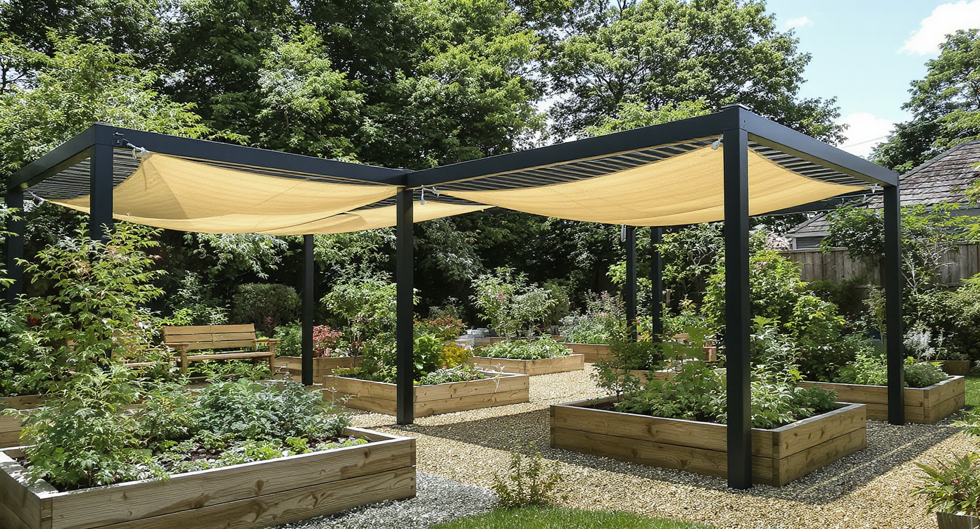 A realistic backyard vegetable garden with raised wooden beds, pergolas with canvas shades, gravel paths, and lush plants, bathed in natural sunlight.
