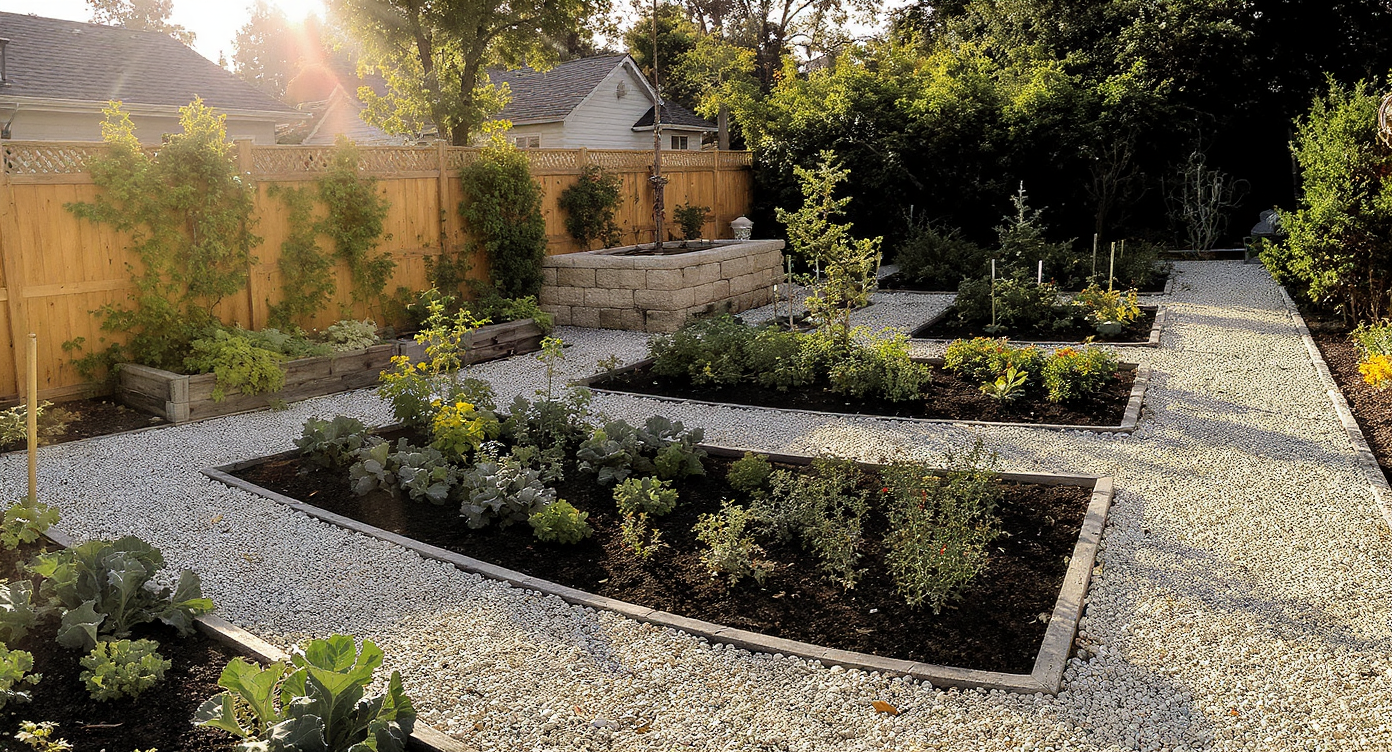 Raised garden beds and containers topped with thick organic mulch, set amid light-colored gravel paths and stone hardscape, create a welcoming, comfortable outdoor vegetable garden with cozy seating and natural lighting.