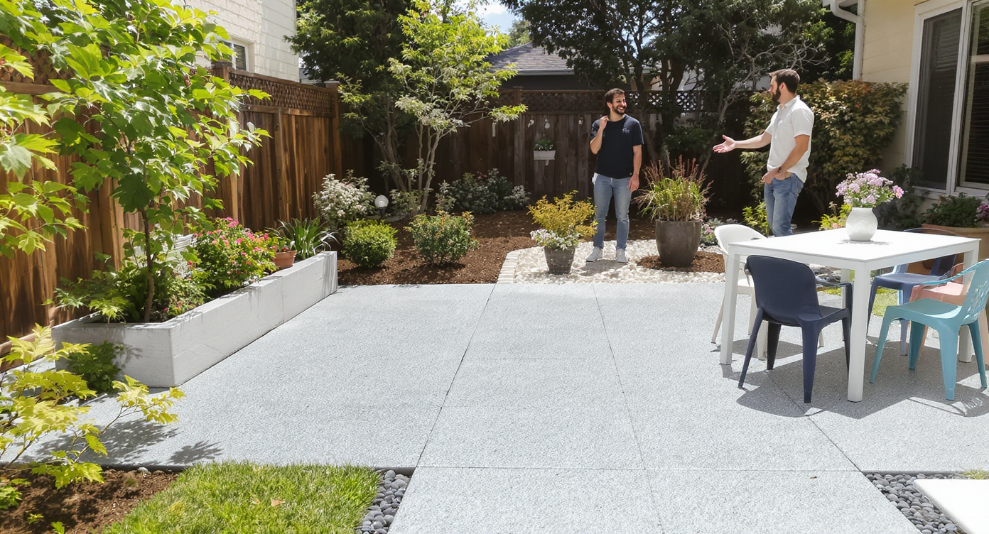 A modern rental yard features a refreshed concrete patio with planters, new gray surface texture, stylish outdoor furniture, and a smiling couple inspecting the space under natural daylight.