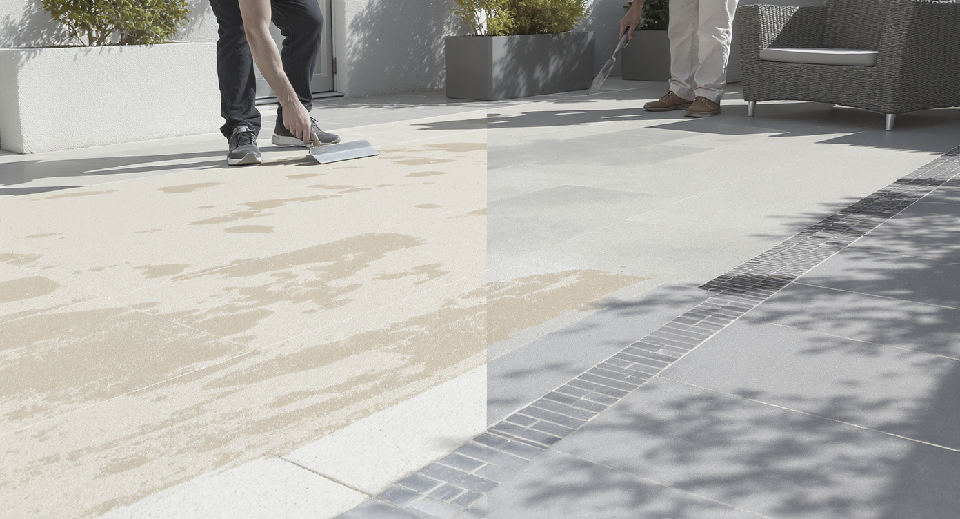 A realistic outdoor scene shows old concrete being resurfaced with a smooth overlay while renters apply the material, highlighting an easy yard upgrade.