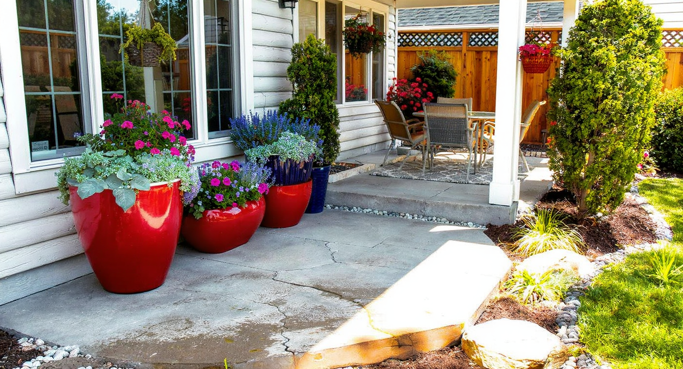 Outdoor patio features old concrete enhanced with large potted plants, a patterned outdoor rug, and a neat border of river stones and gravel.