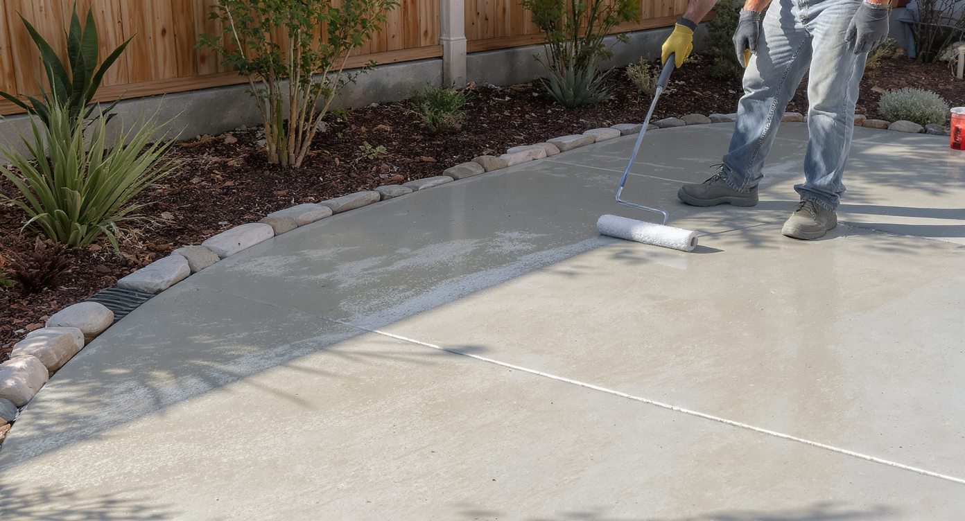 A freshly sealed concrete patio with subtle texture and even surface, gentle slope toward a stone drainage channel, and a person applying sealant.