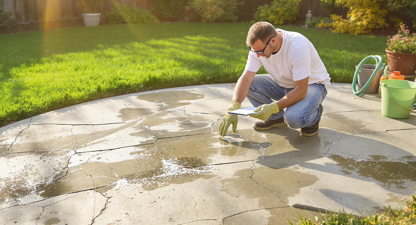 A homeowner examines a sunlit concrete patio, making notes about cracks, stains, and adhesive residue, with cleaning supplies nearby.