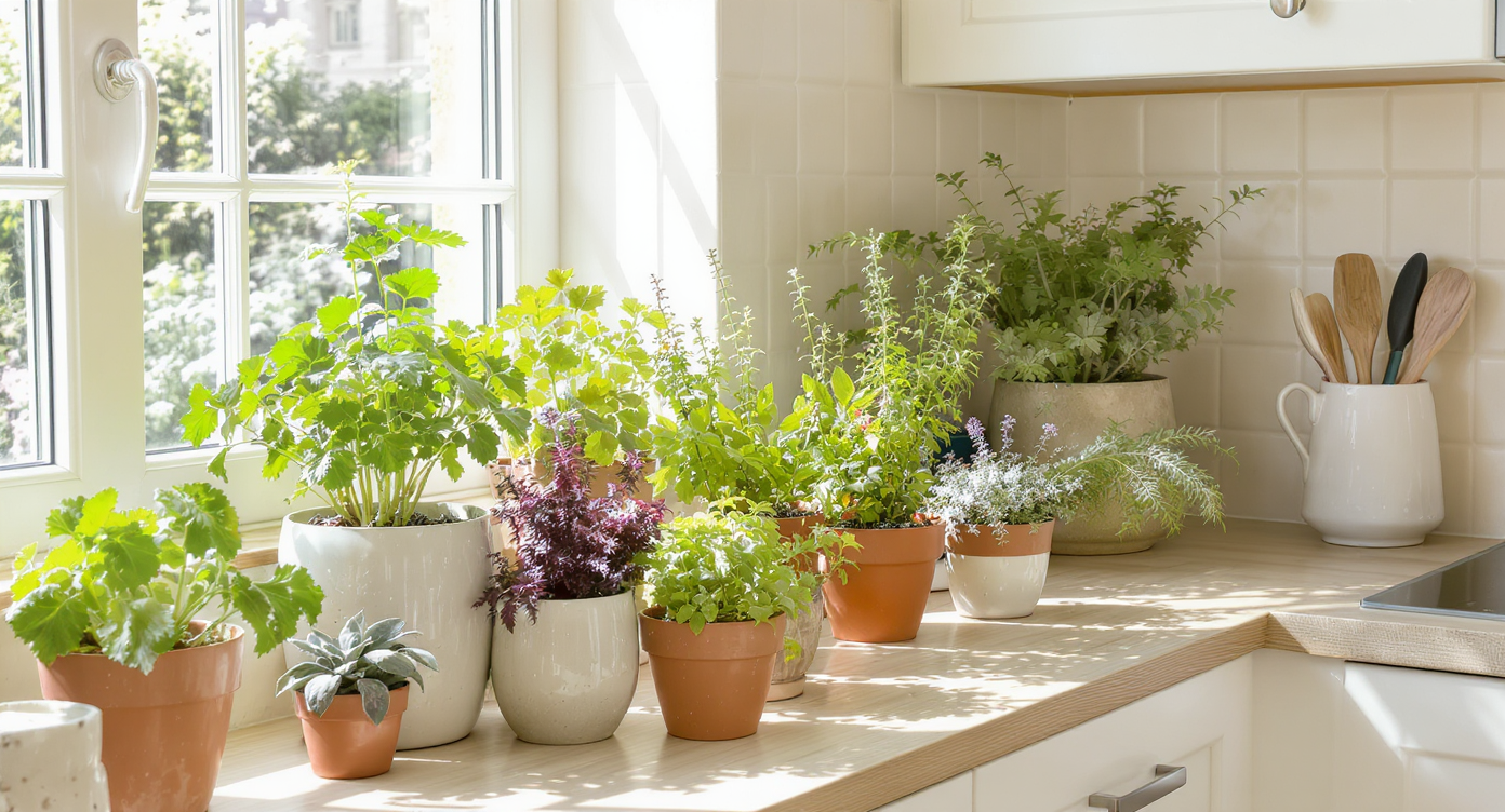 Sunlit kitchen nook with containers of thriving Mediterranean herbs and leafy greens, styled on shelves with various soil blends visible.