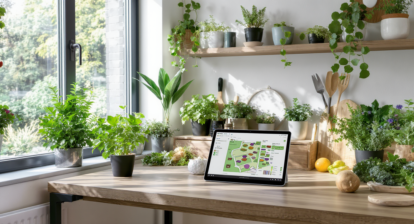 Modern indoor gardening workspace bathed in natural light, with smart tools, herbs, vegetables, a tablet showing garden planning, and cactus soil bags.