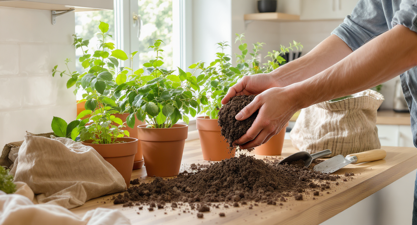 A home gardener refreshes indoor herb and vegetable pots on a wood counter, replacing soil with fresh compost in bright daylight.
