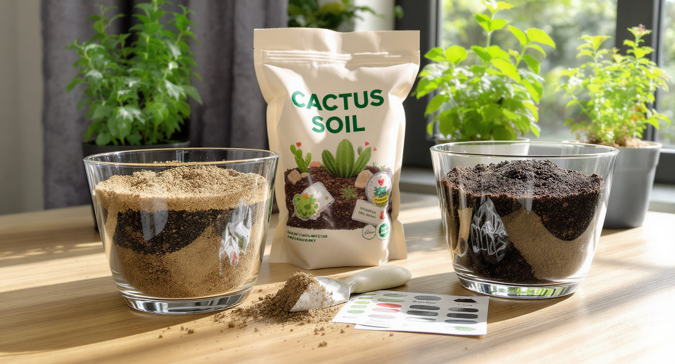 Sunlit indoor gardening setup displaying gritty cactus soil and rich potting mix in clear containers, with herbs and a seedling in the background.