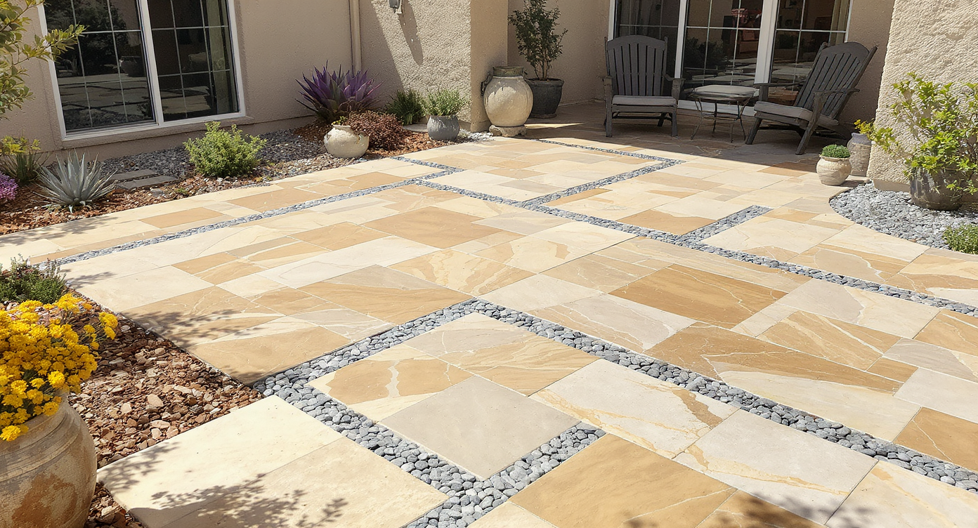 Modern backyard patio with natural flagstone and gravel, drought-tolerant plants, and a designer advising a couple on low-maintenance choices.