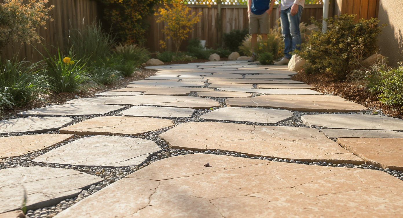 Irregularly shaped flagstones in earth tones are laid in a random pattern, with wide joints filled with crushed granite, bordered by native plants.