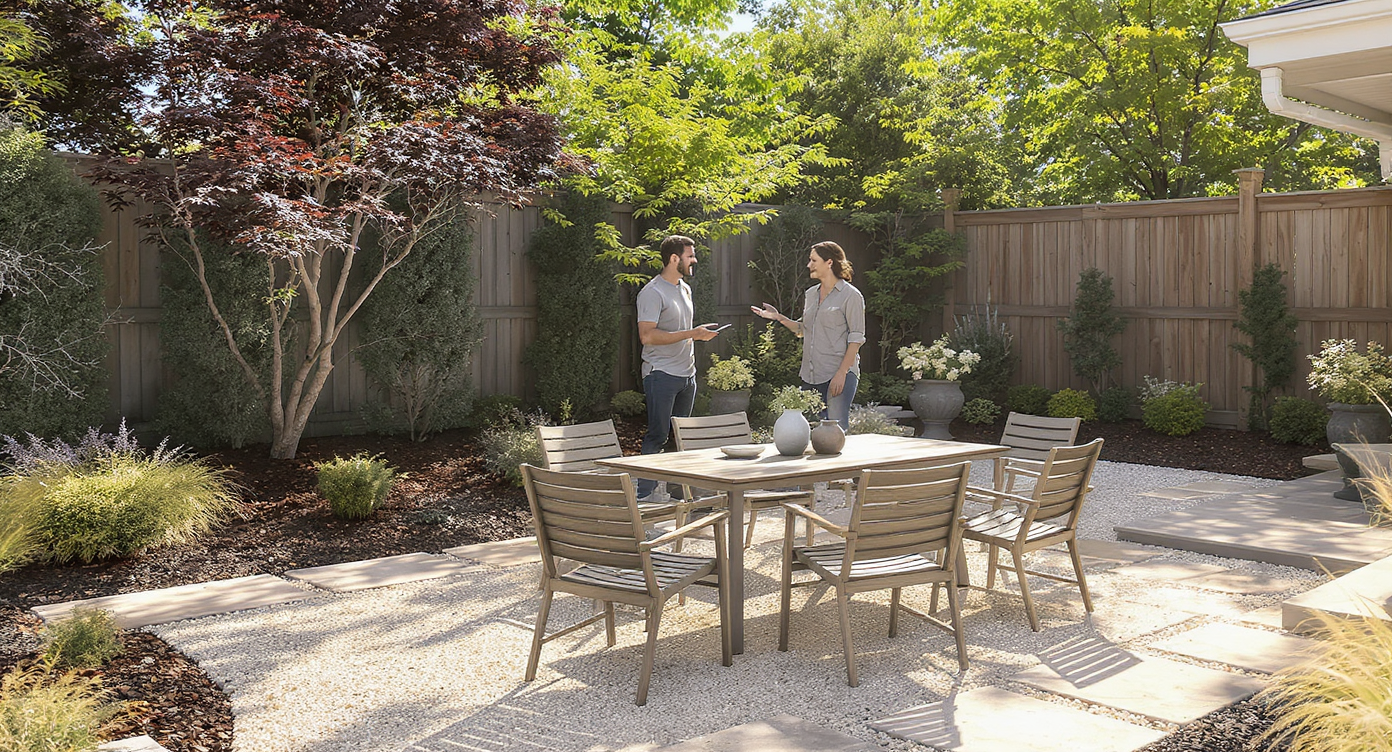 A modern backyard patio features large flagstones set in compact gravel, surrounded by lush greenery and dappled sunlight, with a designer and homeowner in discussion.
