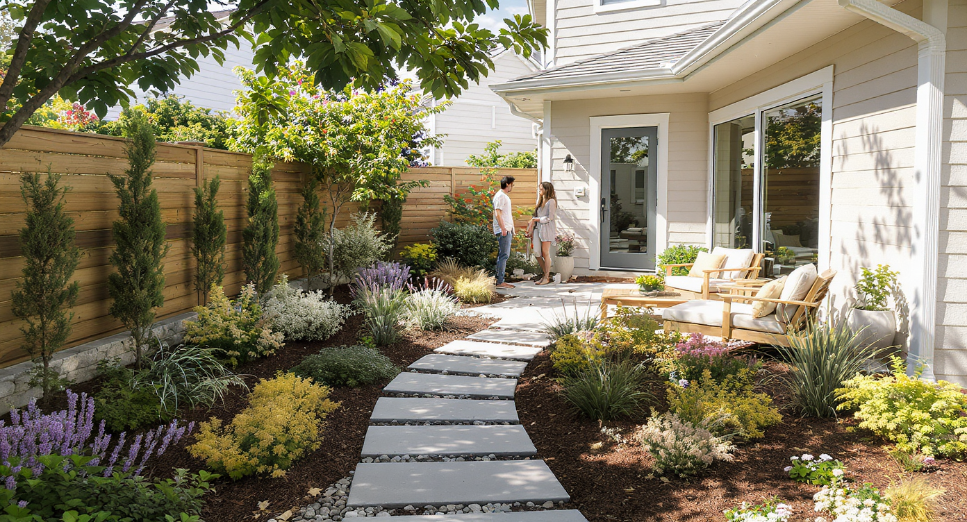 A beautifully landscaped side and corner yard with stone pavers, lush greenery, and a cozy lounge area, bathed in natural sunlight. A young couple chat near wooden outdoor seating, highlighting a welcoming transformation.
