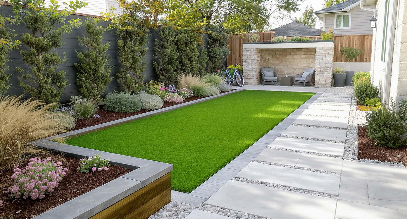 A side yard with sharp steel edging around mulched beds, clean stone borders, and a gravel seating alcove beside a paver pathway.