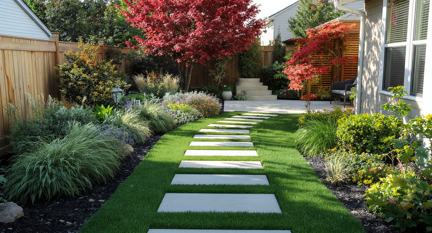 A homeowner tends plants along a modern pathway in a side yard, leading to a corner patio with layered greenery, stone, and wood textures under afternoon light.
