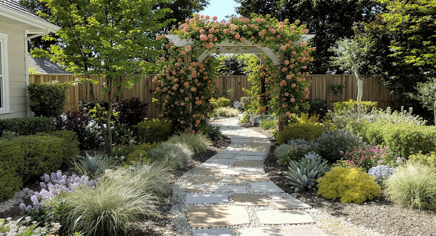 A curved flagstone and gravel pathway leads through lush plantings to a wooden arbor with blooming climbing roses in a vibrant corner yard.