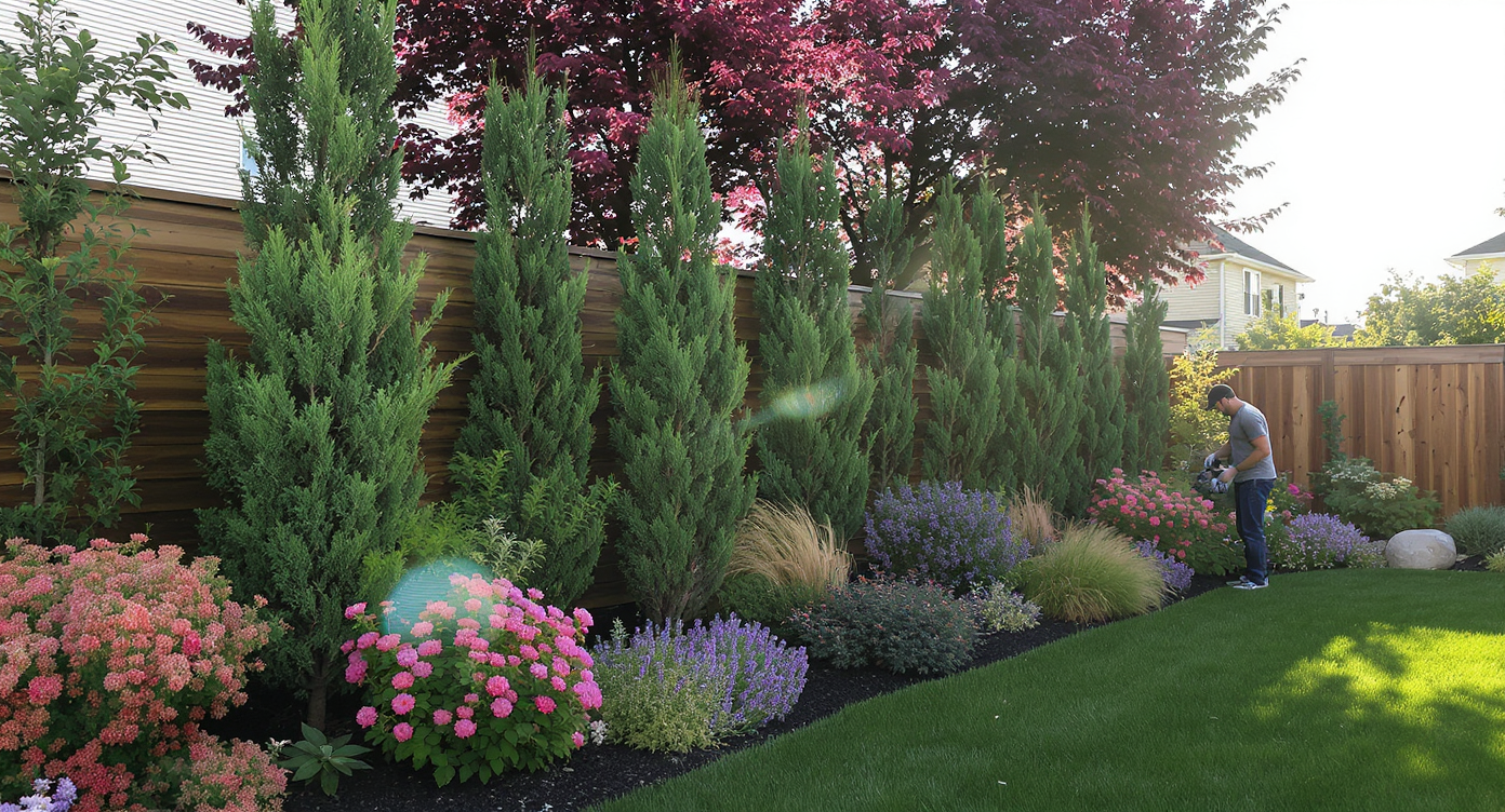 A side yard with layered evergreens, flowering shrubs, and ornamental grasses forming a dense, attractive privacy screen along a wooden fence. Natural daylight enhances the lush foliage as a homeowner tends to the plants.