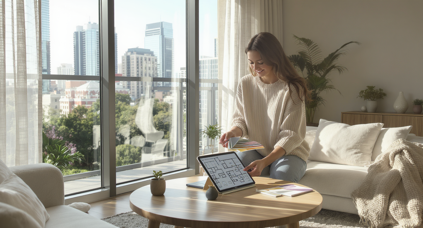A designer reviews a digital floor plan on a tablet in a bright apartment living room, illustrating how sunlight enters and moves through the space.