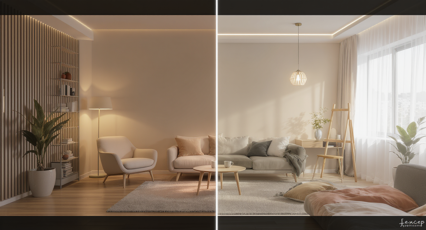 A modern apartment lounge uses layered lighting—task lamps, accent LEDs, sun-filtering curtains, and potted plants for a flexible, balanced look.