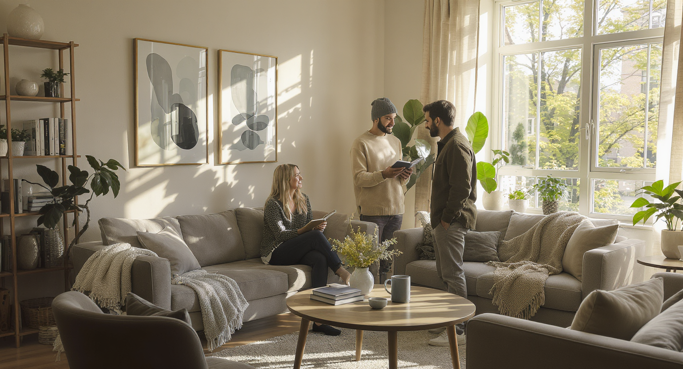 A modern apartment living room with large windows filling the space with bright natural light, potted plants by the glass, and two people discussing sunlight near the window. Cozy neutral furniture and hardwood floors create a warm, inviting atmosphere.