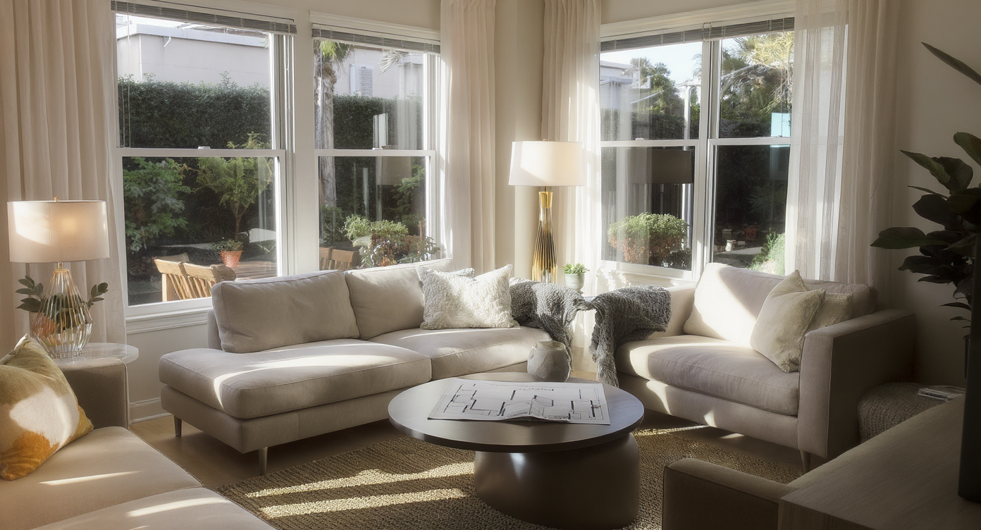 Modern apartment living room with large south-facing windows, sunlight streaming inside, and a shaded patio visible, highlighting window orientation.