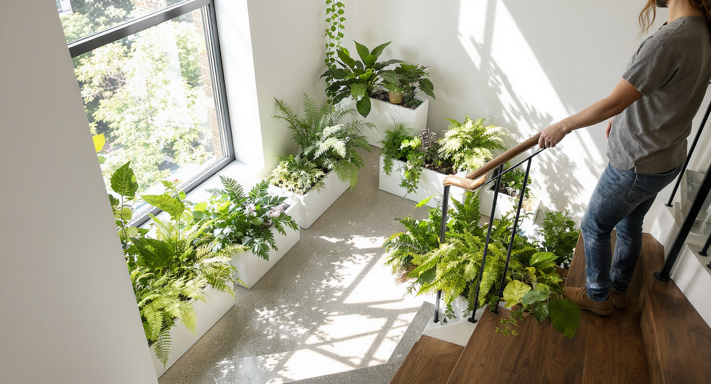 A naturally lit apartment stairwell features potted houseplants on a private landing, with sunlight streaming in and a resident tending to them.