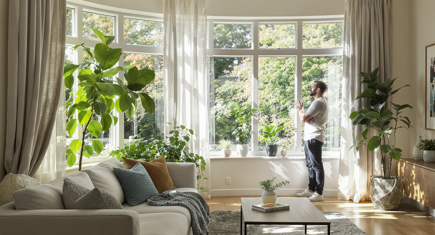 A spacious, sunlit apartment living room with large windows, healthy potted plants, neutral furnishings, and a renter assessing the sunlight quality.