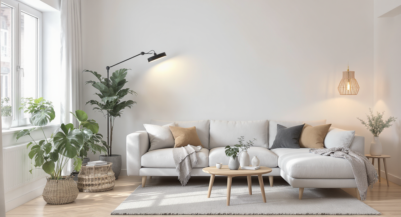 Minimalist living room with pale wood floors, neutral decor, and a plant-filled corner lit by a sleek black LED grow light and ambient fixtures.