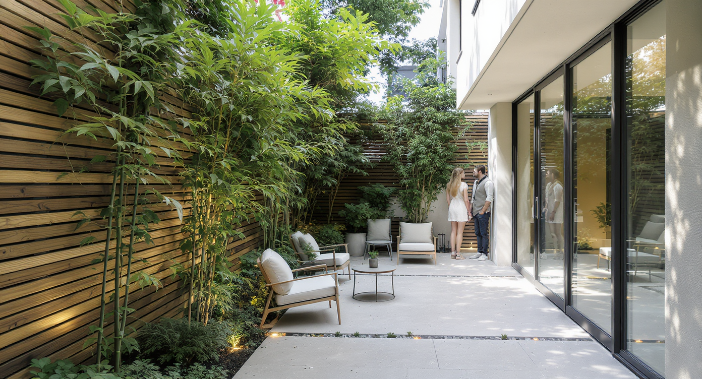 A narrow modern courtyard with vertical greenery, sleek wood fencing, and glass walls, blending lush privacy and elegant design for two homeowners.
