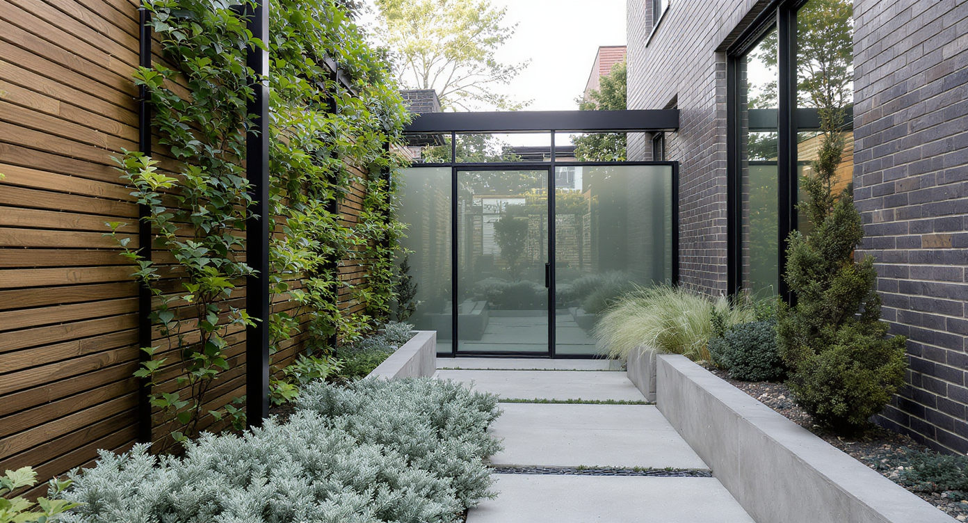 A narrow modern courtyard with slatted wood screens, steel trellises with vines, frosted glass panels, and lush green planters along concrete pavers.
