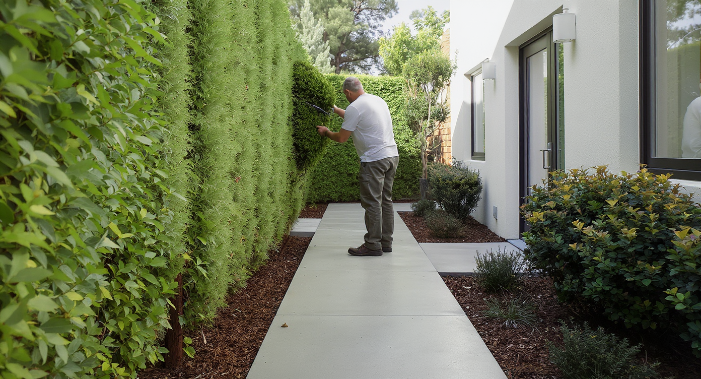 A modern narrow side yard with trimmed green hedges, a clear concrete walkway, low border shrubs, and a gardener pruning for easy access.