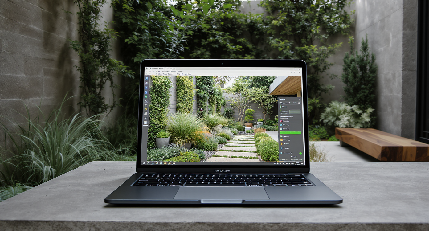 A narrow modern courtyard bathed in sunlight, with a laptop on a table displaying a digital landscaping tool. Lush plants, vertical planters, and clean lines fill the space, as a thoughtful homeowner observes the on-screen preview.