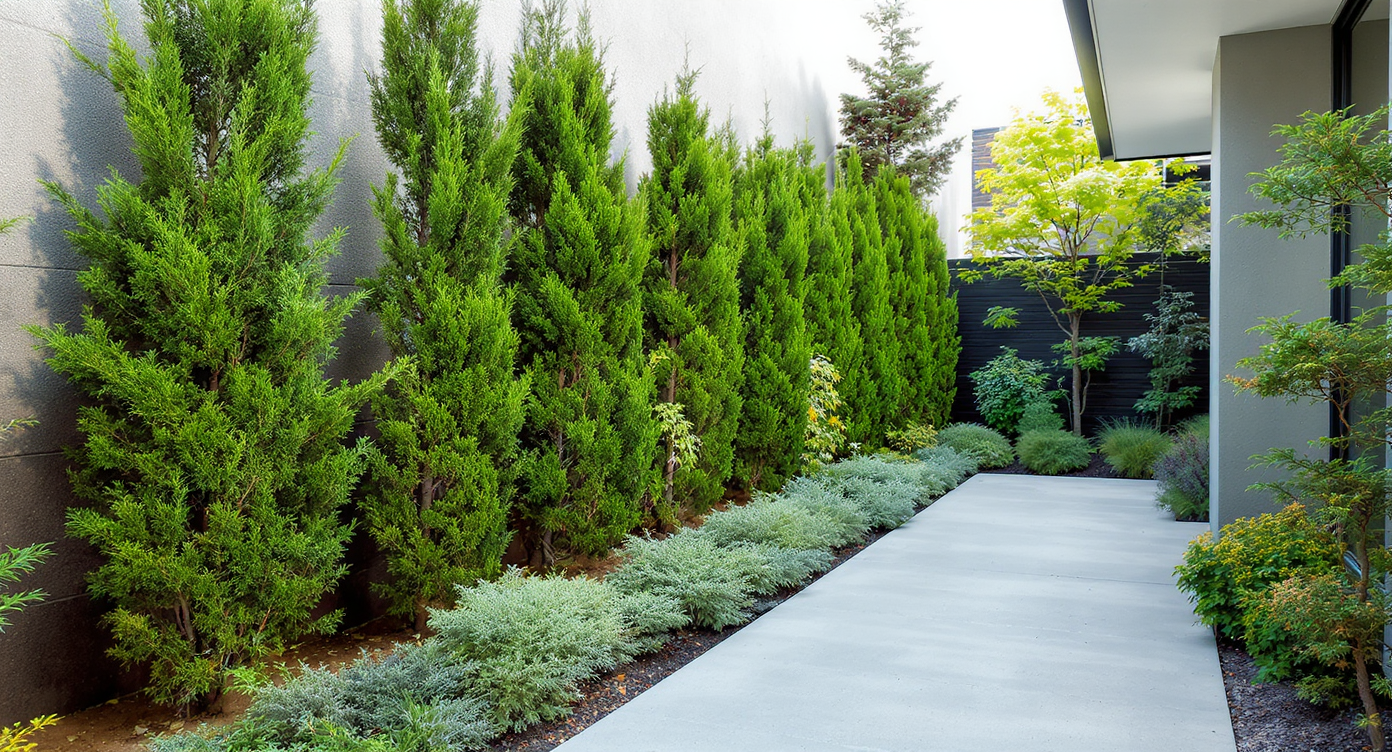 Narrow courtyard with tall, columnar evergreens line a path, spaced near a modern wall, offering lush green privacy in soft daylight.