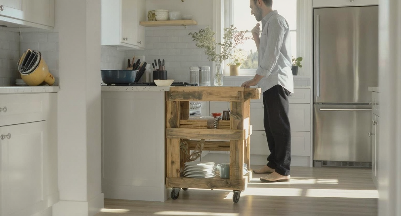 A modern kitchen features a rustic pallet wood trolley beside a sleek island, showing visible wear and real-life contrast with the minimalist decor.