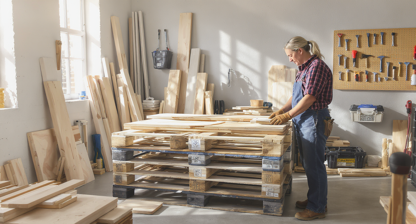 A woman inspects heat-treated stamps on pallet wood in a well-lit garage, surrounded by tools and clean, organized materials for DIY projects.