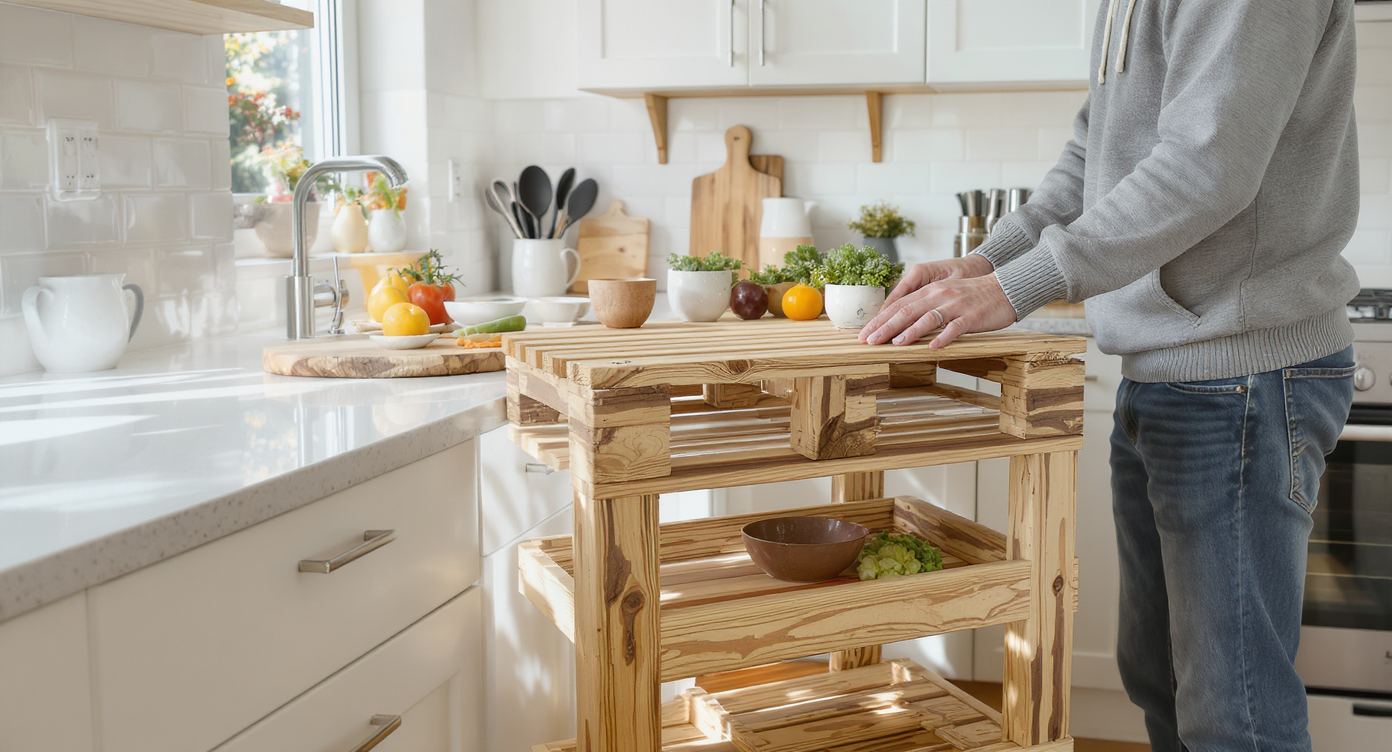 A well-lit kitchen shows a homeowner examining a rustic, sanded pallet wood trolley with metal casters, surrounded by modern kitchen elements.