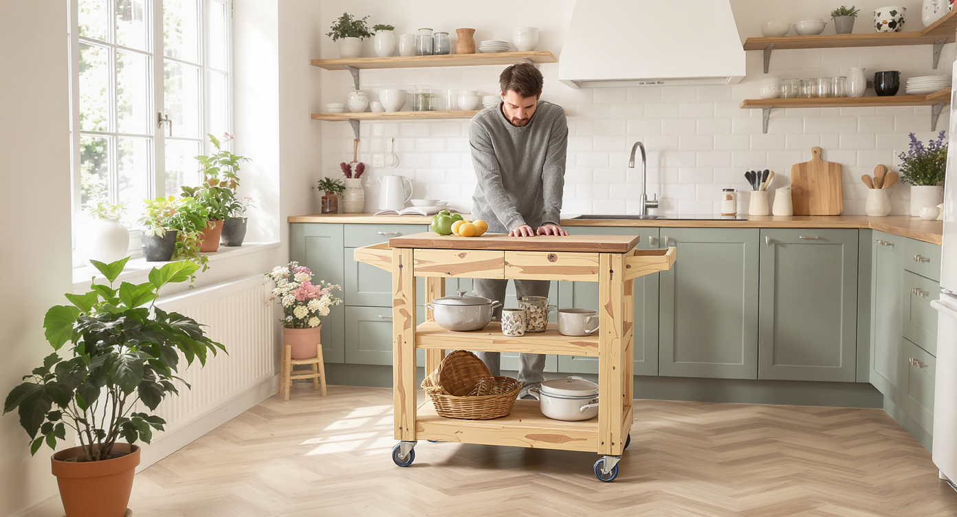 A sunlit kitchen features a movable DIY trolley made from sanded pallet wood, showcasing natural wood textures and smart storage shelves.