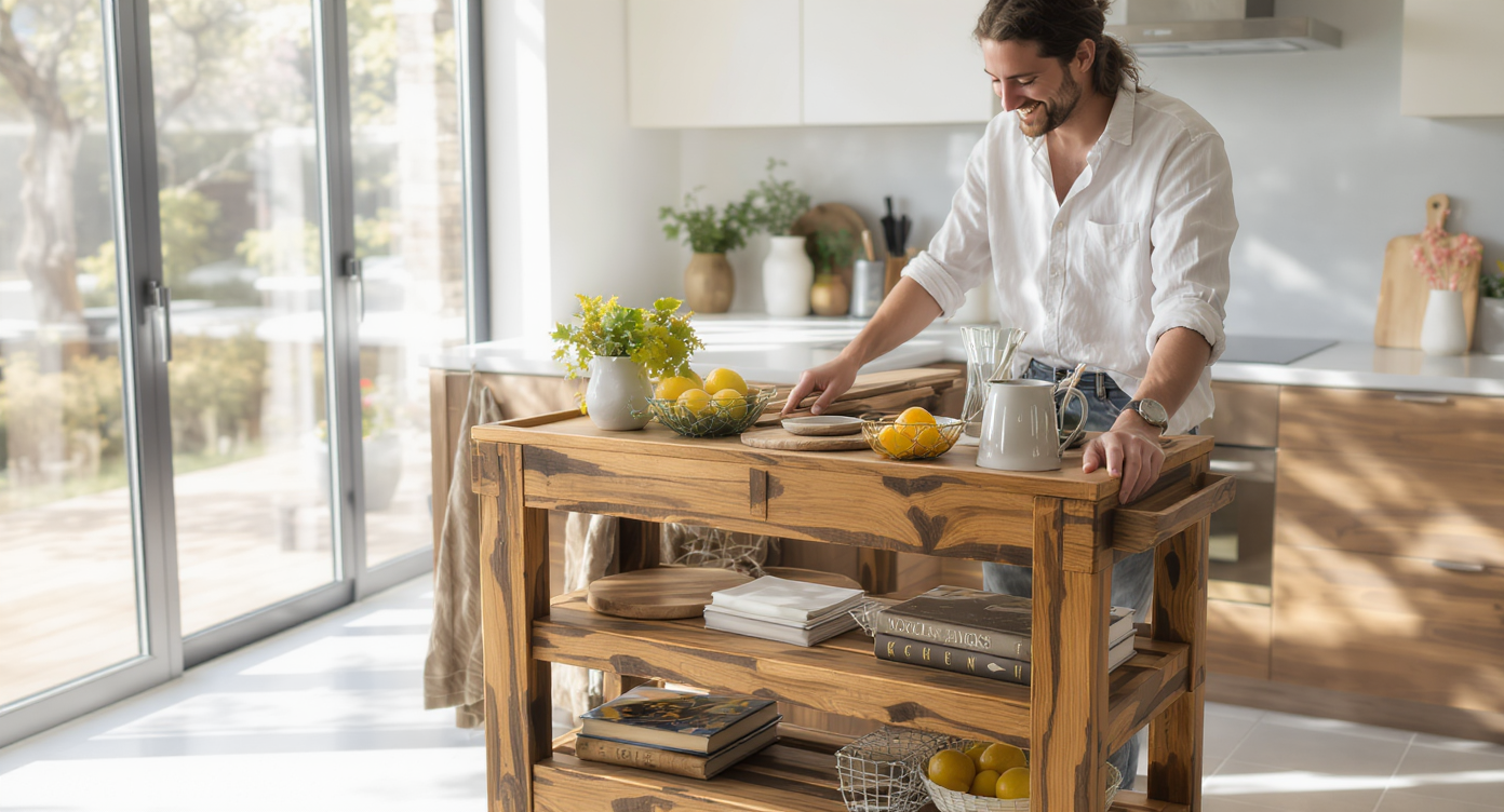 A modern, sunlit kitchen with a hand-finished pallet wood trolley holding fruit and cookbooks, gliding across tiled floors beside sleek countertops.