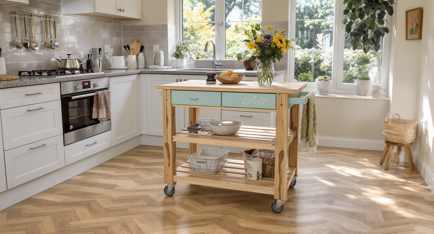 A bright kitchen shows a homeowner examining a smooth, pallet wood trolley with metal casters, decorative stencils, and a food-safe finish.