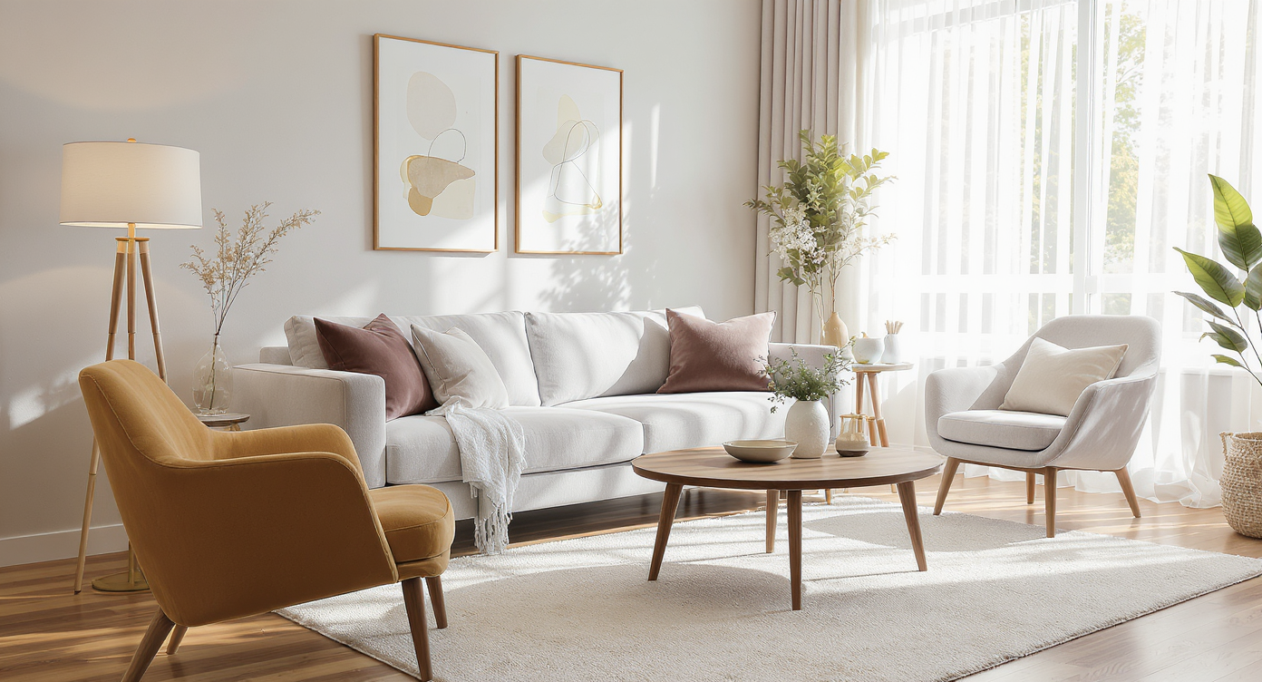 A sunlit, modern living room with a young couple on a gray sofa, browsing a tablet to preview real furniture in their own space.