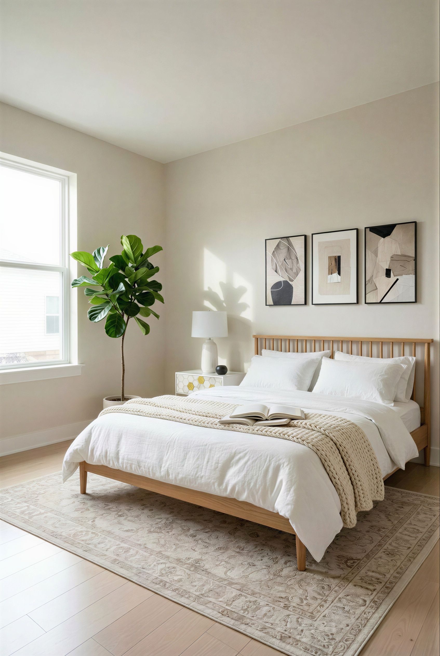 Sunlit modern bedroom staged with real products: wooden slat bed, white bedding, textured throw, patterned rug, nightstand with lamp, fiddle-leaf fig, and three framed prints.