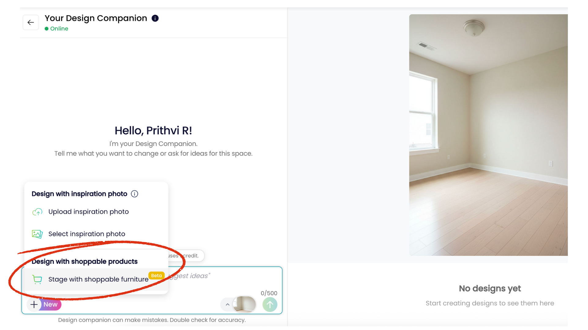 ReimagineHome dashboard showing an empty room photo and a menu to “Stage with shoppable furniture” (beta) or design using an inspiration photo.