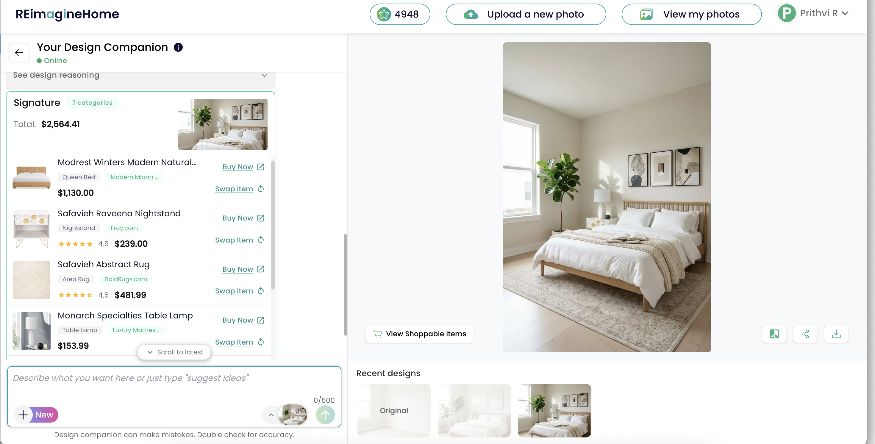 Screenshot of the ReimagineHome web app: left panel lists a “Signature” shoppable bundle with product cards, prices, and “Buy Now/Swap Item” buttons; right panel displays the generated bedroom image (wood bed, white bedding, rug, lamp, plant, and wall art) with recent design thumbnails below.