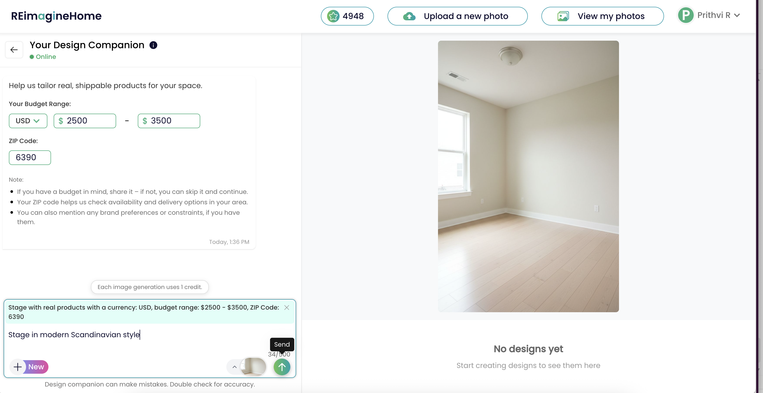 ReimagineHome UI showing budget range ($2500–$3500), ZIP 6390, and an empty room photo ready for modern Scandinavian staging.