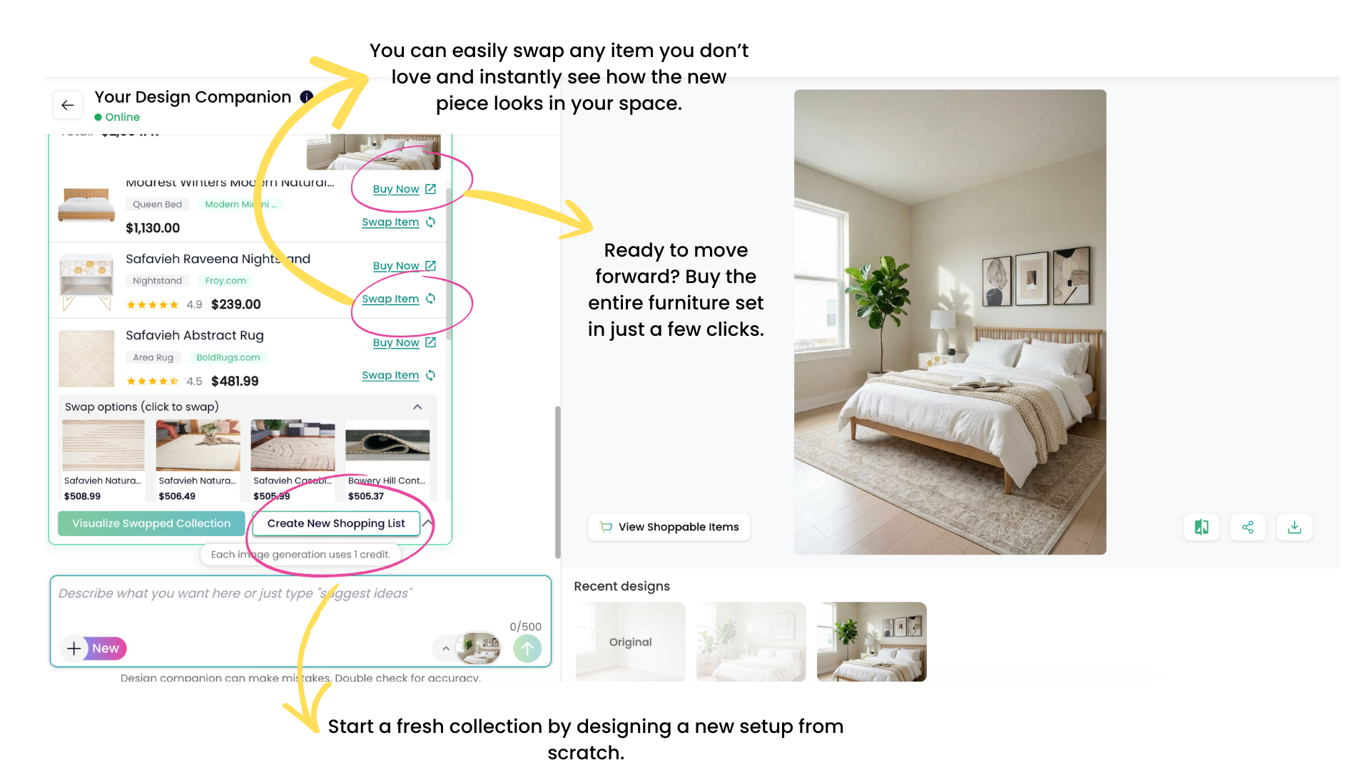Annotated ReimagineHome screen showing “Buy Now” and “Swap Item” controls, swap options, and a staged bedroom preview, highlighting easy item swaps and creating a new shopping list.