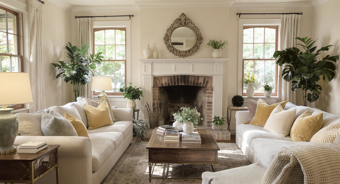 Sunlit living room in an older home with hardwood floors, vintage fireplace, large window, and two thoughtful homebuyers evaluating the space.