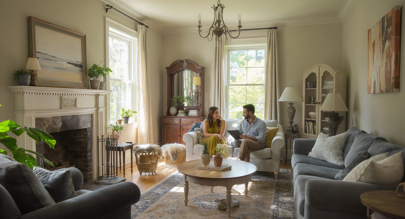 A sunlit living room in an older home with original wood floors, vintage fireplace, and worn trim, where a young couple consults a real estate agent.