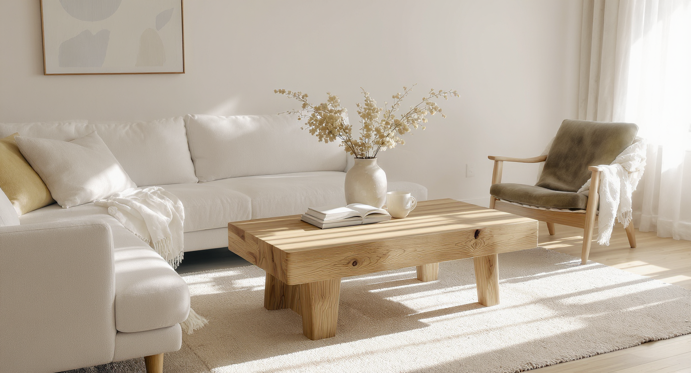 Minimalist living room with curated furnishings, natural wood table, linen sofa, upcycled items, and abundant natural sunlight.