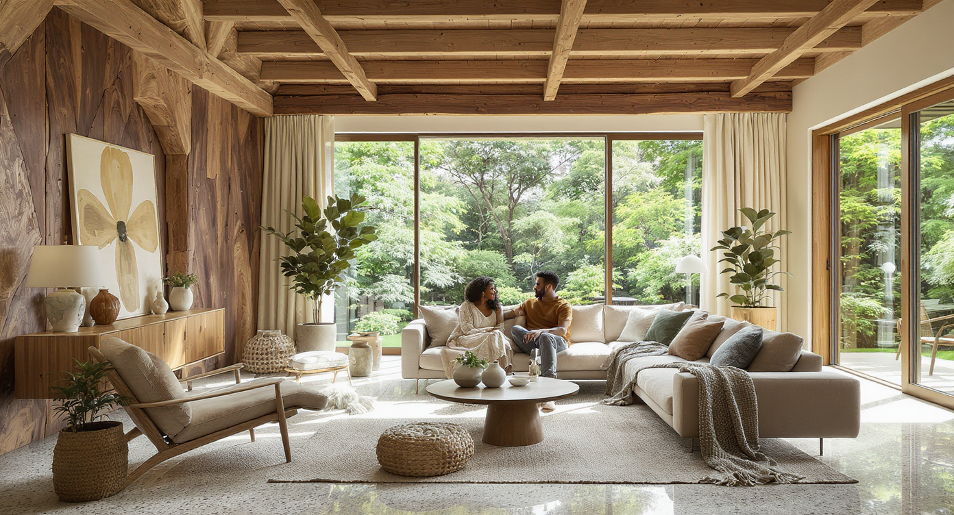 A stylish, natural light-filled living room with reclaimed wood beams, recycled terrazzo floors, eco-friendly furniture, and abundant indoor greenery.
