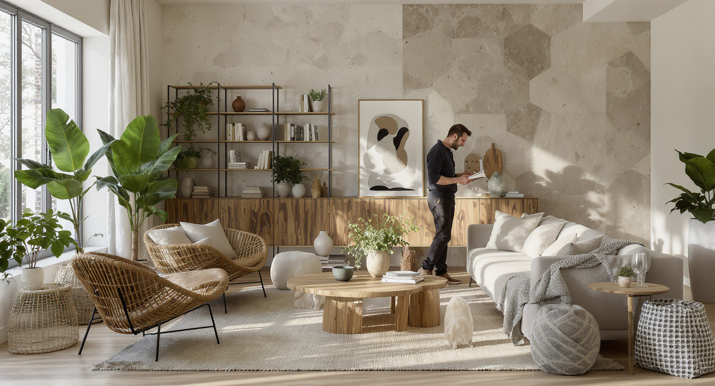 Modern living room with modular bamboo sofa, reclaimed wood table, recycled metal shelves, and natural stone tiles. Large windows, plants, and soft earth tones create a bright, eco-friendly atmosphere.