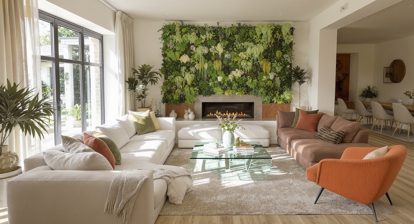 A sunlit modern living room features reclaimed wood floors, natural linen upholstery, rooftop greenery, vertical gardens